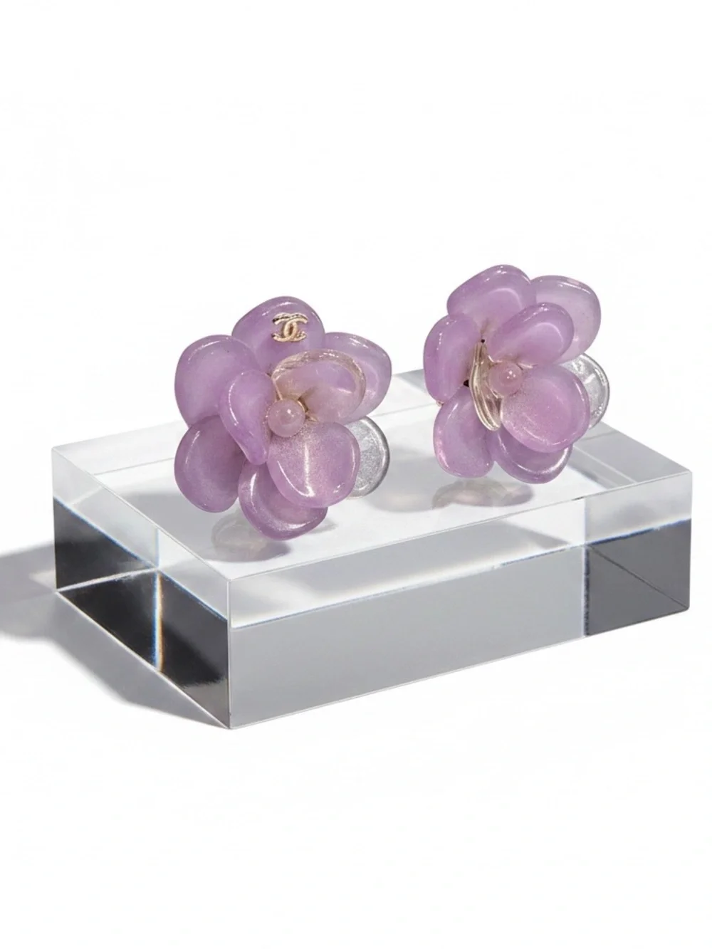 CHANEL Lavender Camellia Resin Clip-On Earrings with Gold CC Accent
